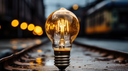 A light bulb sitting on a train track. Generative AI image.の素材