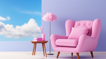 A pink chair sitting next to a small table. Generative AI image.の素材