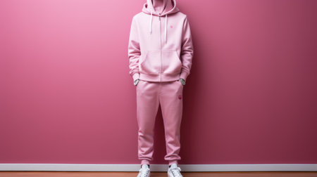 A man in a pink hoodie standing against a pink wall. Generative AI image.の素材