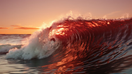 A large wave is breaking into the water. Generative AI image.の素材