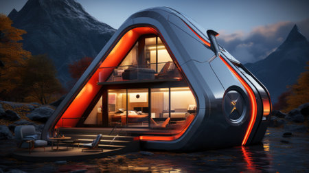A futuristic house in the middle of a river. Generative AI image.の素材