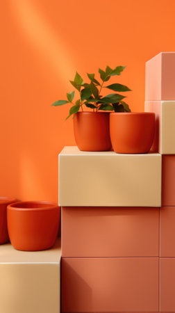 A group of orange pots sitting on top of a set of stairs. Generative AI image.の素材