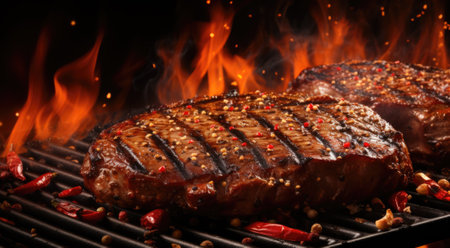Two steaks on a grill with flames in the background. Generative AI image.の素材