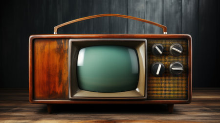 An old fashioned television sitting on top of a wooden table. Generative AI image.の素材