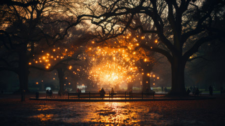 A park with a lot of trees and lights. Generative AI image.の素材