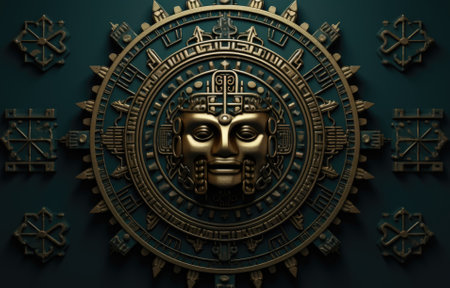 A gold face on a blue wall. Generative AI image.の素材