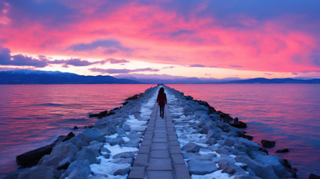 A person walking along a pier at sunset. Generative AI image.の素材