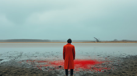 A man in a red coat standing on a beach. Generative AI image.の素材