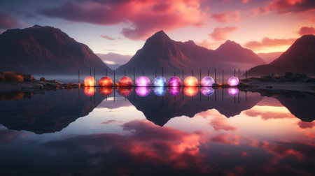 A group of umbrellas sitting on top of a body of water. Generative AI image.の素材