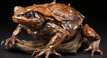 A wooden sculpture of a frog sitting on a piece of wood. Generative AI image.の素材