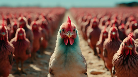 A large group of chickens walking down a dirt road. Generative AI image.の素材
