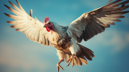 A white and brown chicken flying through a blue sky. Generative AI image.の素材
