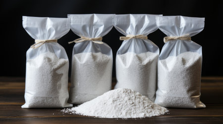A group of bags of flour sitting on top of a wooden table. Generative AI image.の素材
