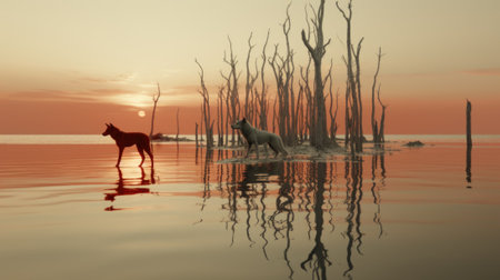 A horse standing in the middle of a body of water. Generative AI image.の素材