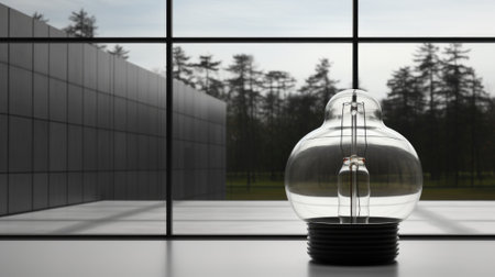 A light bulb sitting on top of a table next to a window. Generative AI image.の素材