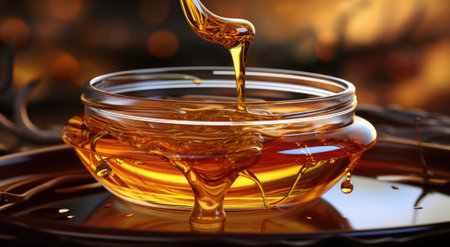 A bowl of honey with a spoon in it. Generative AI image.の素材