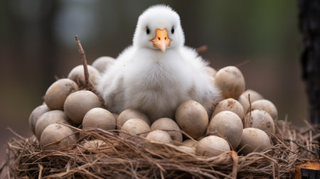 A white bird sitting in a nest with eggs. Generative AI image.の素材