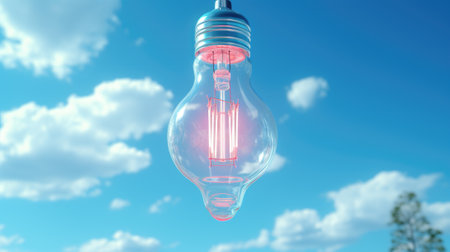 A light bulb hanging from a wire in the sky. Generative AI image.の素材