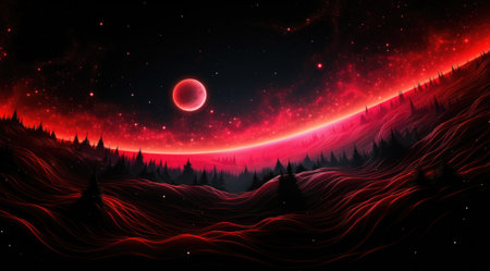 A red and black landscape with a planet in the distance. Generative AI image.の素材