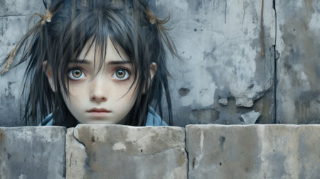 A young girl looks out from behind a wall. Generative AI image.の素材