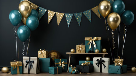 A bunch of presents and balloons on a table. Generative AI image.の素材