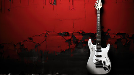A white electric guitar against a red wall. Generative AI image.の素材