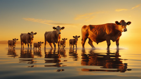 A herd of cows walking across a body of water. Generative AI image.の素材