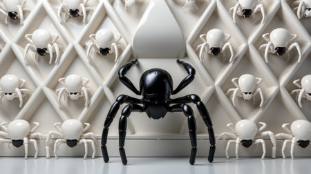 A black spider sitting in front of a wall of white skulls. Generative AI image.の素材