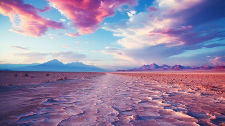 A dirt road in the middle of a desert. Generative AI image.の素材