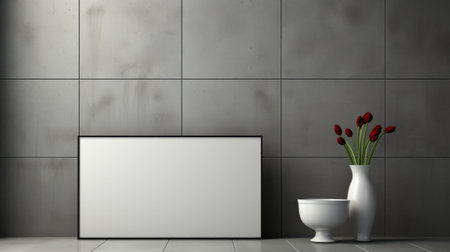 A vase with red flowers next to a picture frame. Generative AI image.の素材