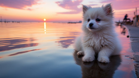 A small white dog sitting on the edge of a body of water. Generative AI image.の素材