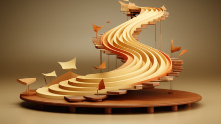 A wooden spiral staircase with a bird on top of it. Generative AI image.の素材