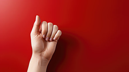 A persons hand holding up a red wall. Generative AI image.の素材