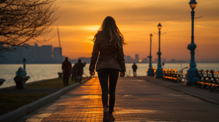 A woman walking down a sidewalk at sunset. Generative AI image.の素材