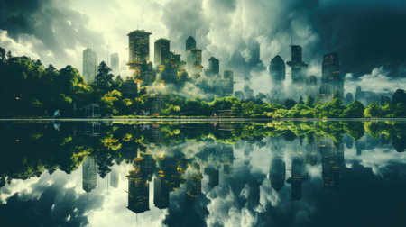 A city skyline is reflected in a lake. Generative AI image.の素材