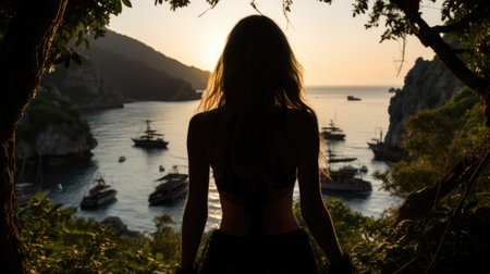 A woman standing in front of a body of water. Generative AI image.の素材