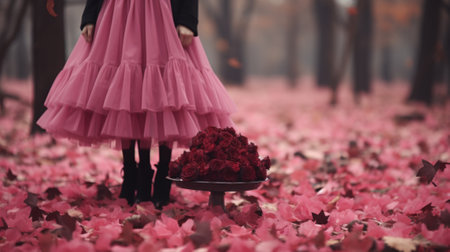 A woman in a pink dress standing in a field of flowers. Generative AI image.の素材