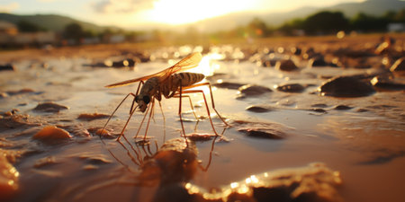 A mosquito sitting on top of a puddle of water. Generative AI image.の素材