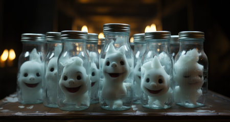 A group of small glass jars filled with marshmallows. Generative AI image.の素材