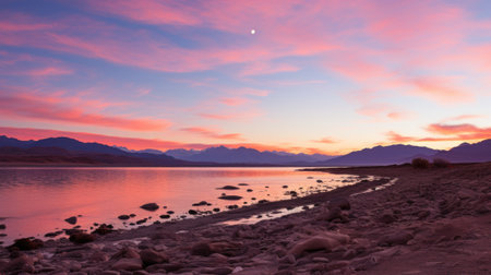 A sunset over a body of water with mountains in the background. Generative AI image.の素材