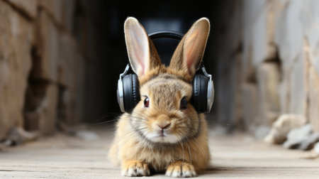 A rabbit wearing headphones sitting on the ground. Generative AI image.の素材