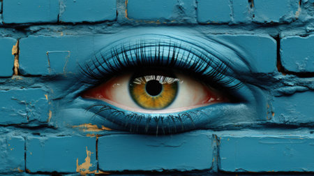 A close up of a persons eye with a brick wall in the background. Generative AI image.の素材