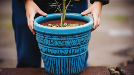 A person holding a plant in a blue pot. Generative AI image.の素材