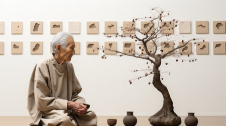 A man sitting in front of a bonsai tree. Generative AI image.の素材