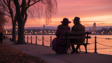 Two people sitting on a bench near a body of water. Generative AI image.の素材