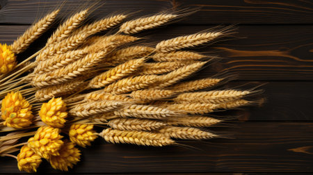 A bunch of wheat on a wooden table. Generative AI image.の素材