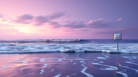 A picture of a beach with a sign in the water. Generative AI image.の素材