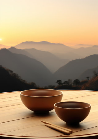 Two bowls and chopsticks sit on a wooden table. Generative AI image.の素材