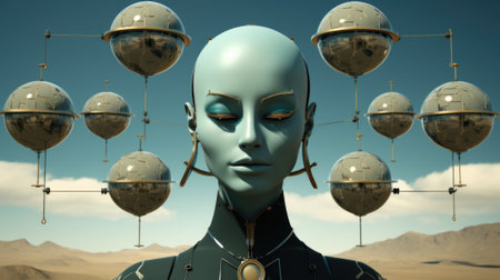 A woman in a futuristic suit standing in front of a bunch of spheres. Generative AI image.の素材