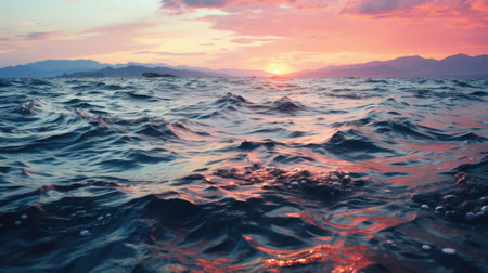 A sunset over a body of water with mountains in the background. Generative AI image.の素材